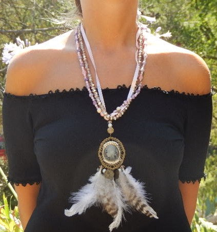 Collier camé rose vieilli