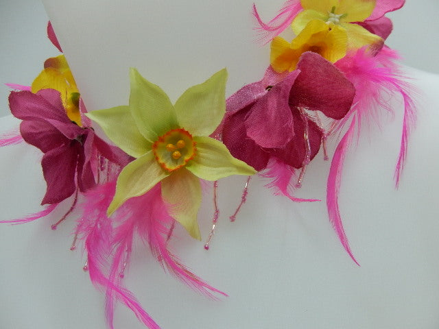 Ras de cou fleurs et plumes rose